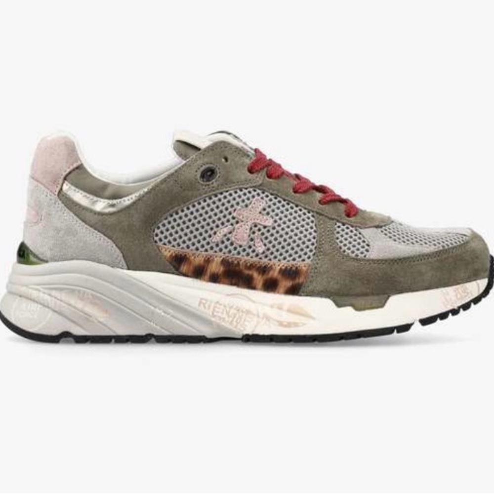 PREMIATA- Olive Green & Pink Women's Sneaker with Leopard Panel